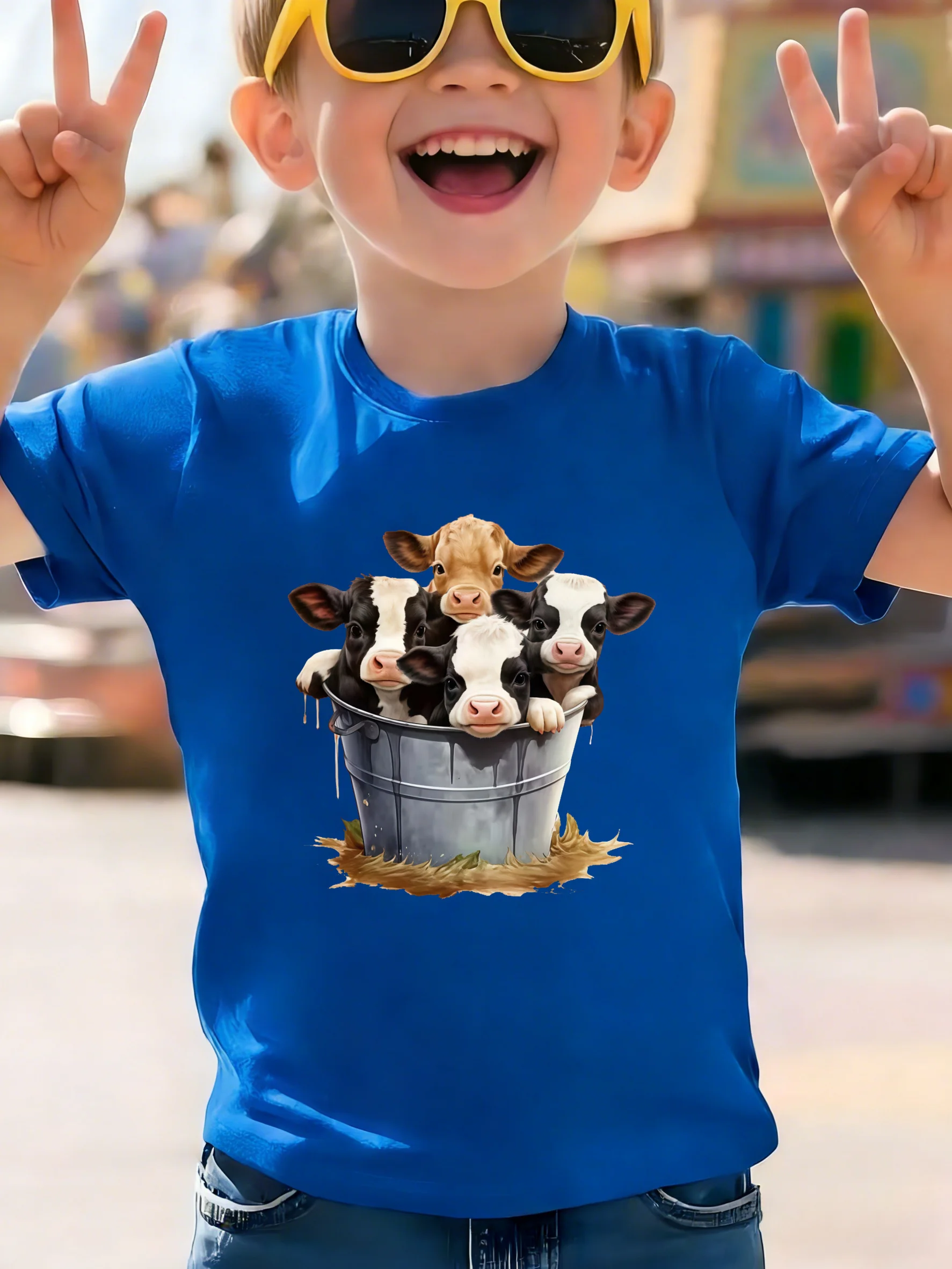 Super Cute Bucket Calf Fun Farm Style Cartoon T-shirt for Summer New Children's Casual Round Neck Top with Printed Parent-child
