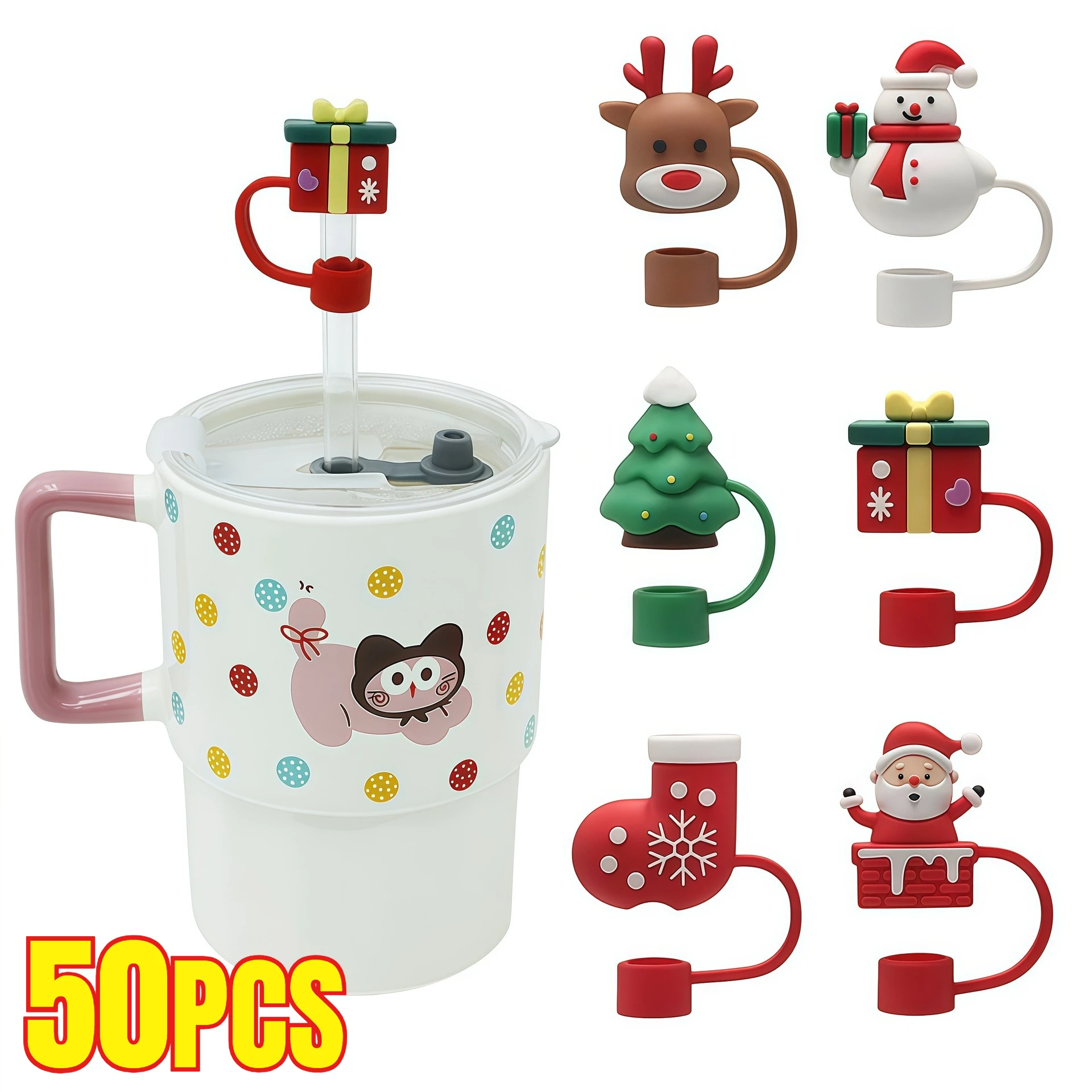 1-50PCS 10mm Christmas Straw Dust Cover Cap Silicone Reusable Topper for Stanley Tumbler Water Bottle Holiday Party Supplies