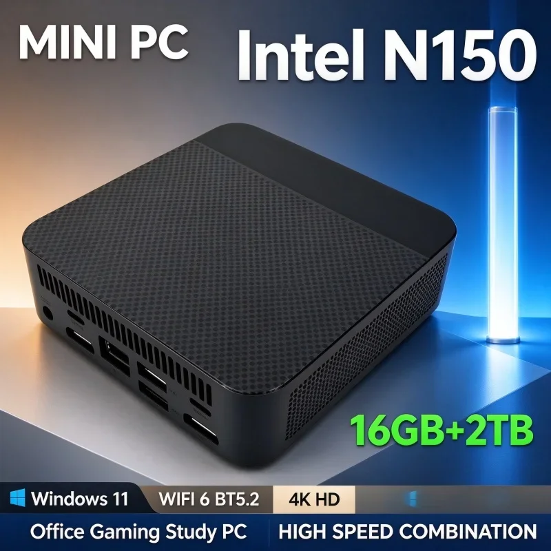 Portable Intel N150 Mini PC 16GB RAM Memory 1TB/2TB SSD Windows11 WiFi6 BT5.2 4K HDMI Output Daily Home Office Gaming Computer