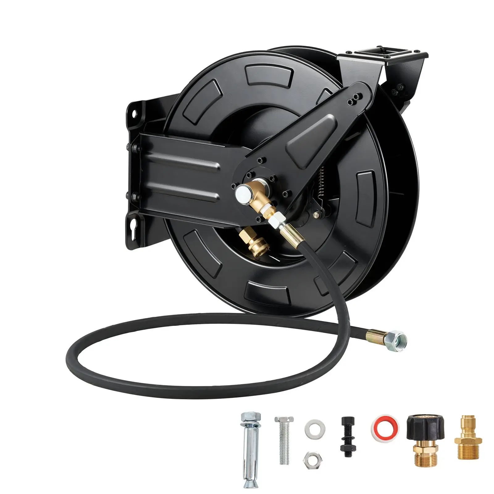 Pressure Washer Hose Reel, 50 ft x 3/8 inch Retractable Power Heavy-Duty Steel Washer Hose Reel, 4000PSI Max, Auto-Rewinding, Fl