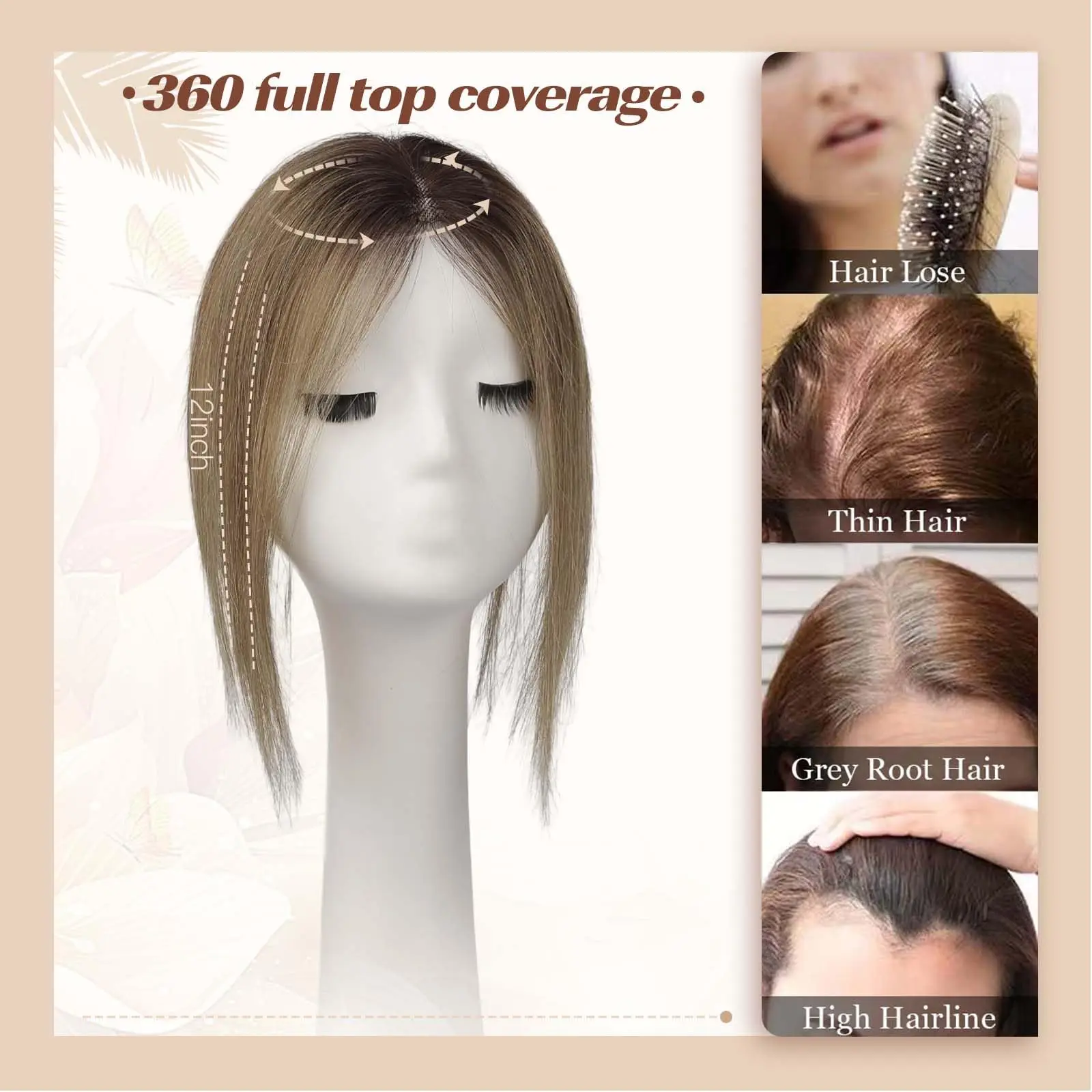 Hair Toppers Blonde Brown Ombre 100% Remy Human Hair Topper HairPieces for Women 150% Density Silk Base 3Clip in Toppers 12inch