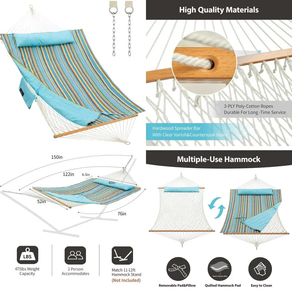 

Double Hammock Set with Hardwood Bars, Polyester Cushion & Pillow, 475 lbs Capacity, Blue Stripes for Outdoor Use
