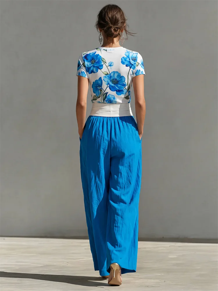 Yeezzi Damen Elegante Blaue Blumenmuster-Oberteile 2026 Neu Kurzarm Rundhals Slim Fit Lässige Sommer-T-Shirts – Detail 6