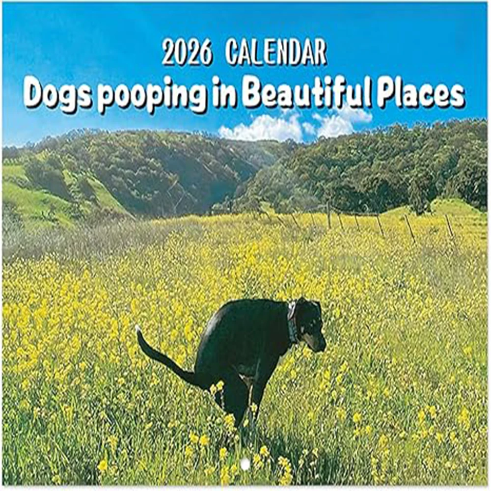 تقويم Pooping Dog 2026 تخطيط شبكي شهري كبير مع مساحة ملاحظة مهمة متحركة مضحكة لتزيين المنزل لمحبي الكلاب