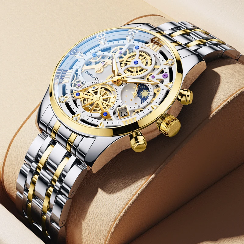 

SKMEI Men's Watch, Engraved Hollow Fake Mechanical Watch, Men's Steel Band Quartz Business Watch