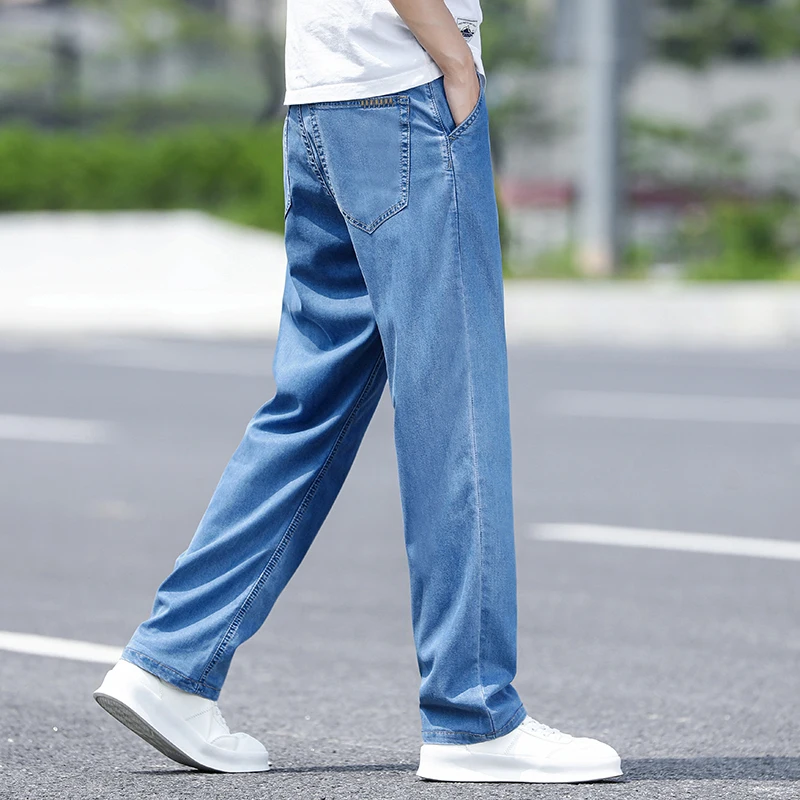 

Light Blue Smoke Grey Men's Jeans Spring Summer Loose High Waist Ultra Thin Ice Silk Business Casual Youth Lightweight Comfort