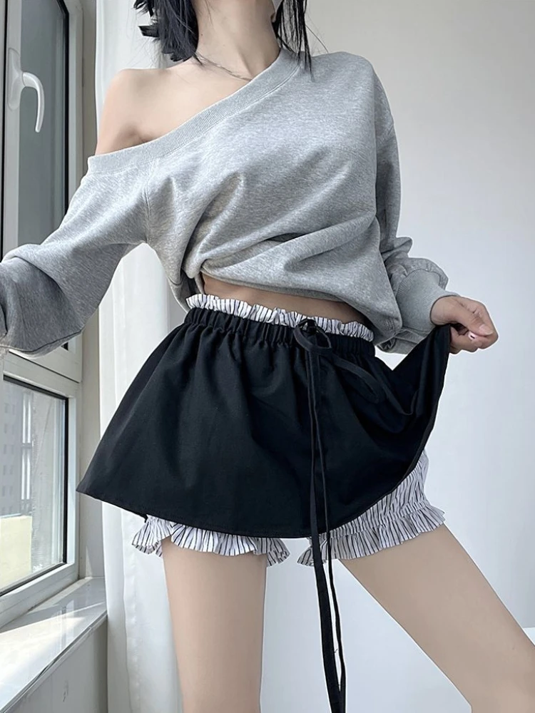 

Women's Y2K Layered Mini Skirt - High Waist A-Line Skirt with Striped Ruffle Shorts & Drawstring, Sweet Edgy skirt Spring Summer