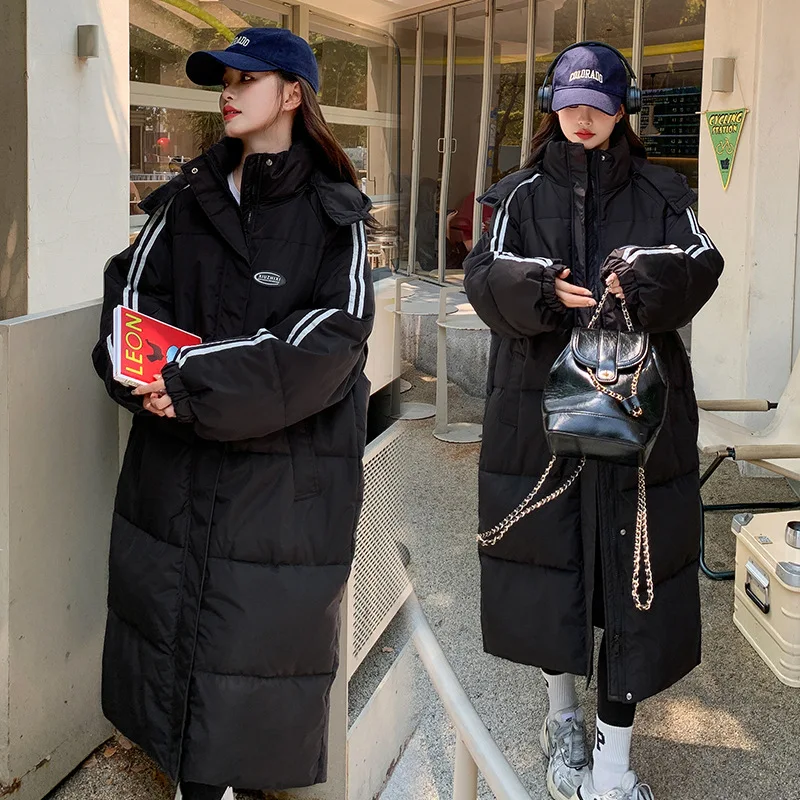 Long Parkas Women Striped Full Sleeve Jackets Thick Zipper Hoodies Coats Straight Casual Loose Jacket Pockets Basis Winter 2025