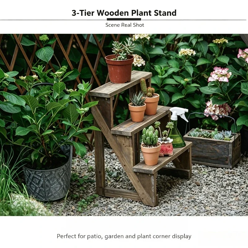 3 Tier Ladder Plant Stand Rustic Solid Wood Step Shelf Distressed Finish  Leaning Flower Rack for Balcony Patio Corner Display