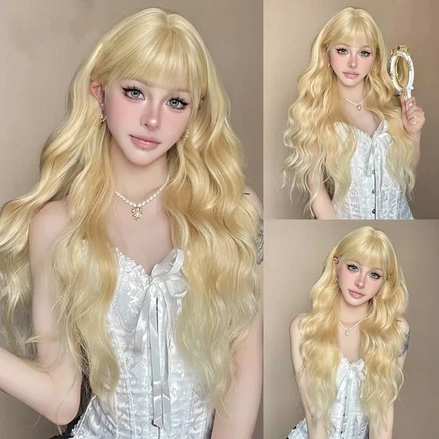 Allbell Magique Blaue Haarperücke mit Pony, lange gewellte synthetische Perücke, babyblaue lockige Perücke für Frauen, täglicher Partygebrauch, hitzebeständig – Detail 14