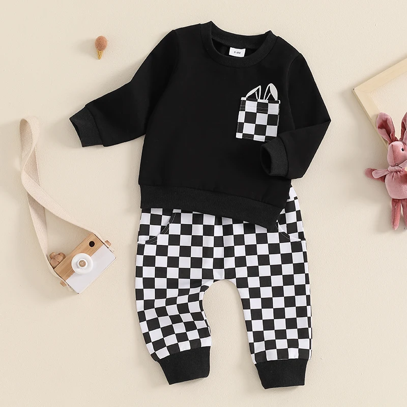 Tenue élastique à manches longues et col rond pour bébé garçon, imprimé lapin en damier mignon, vêtements pour tout-petits, pull et pantalon avec poche, 2 pièces