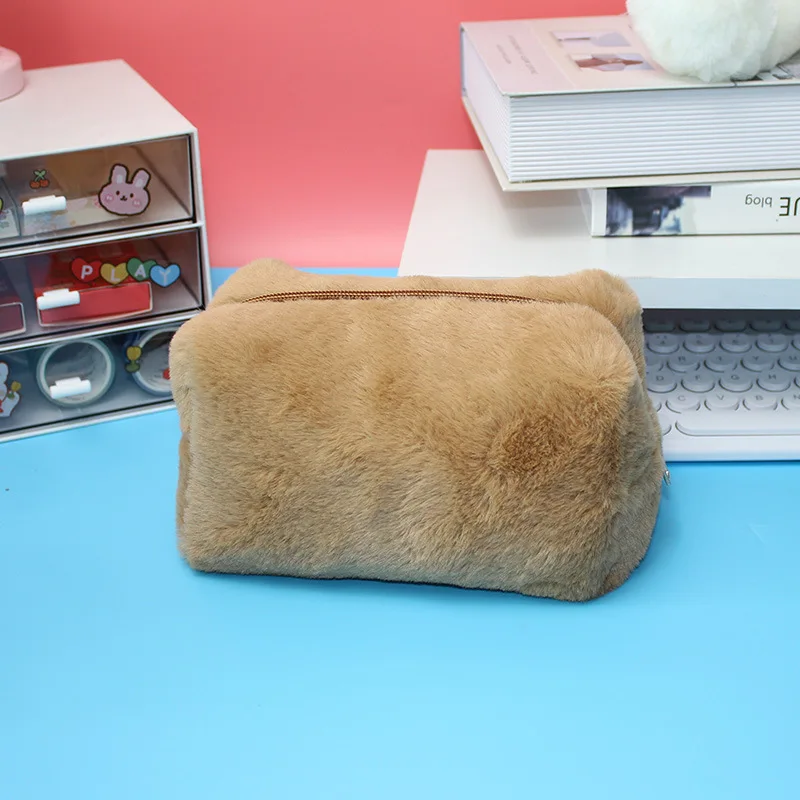 Custom Name Solid Color Cosmetic Bags Cute Fur Makeup Bag for Women Travel Make Up Toiletry Bag Washing Pouch Plush Pen Pouch