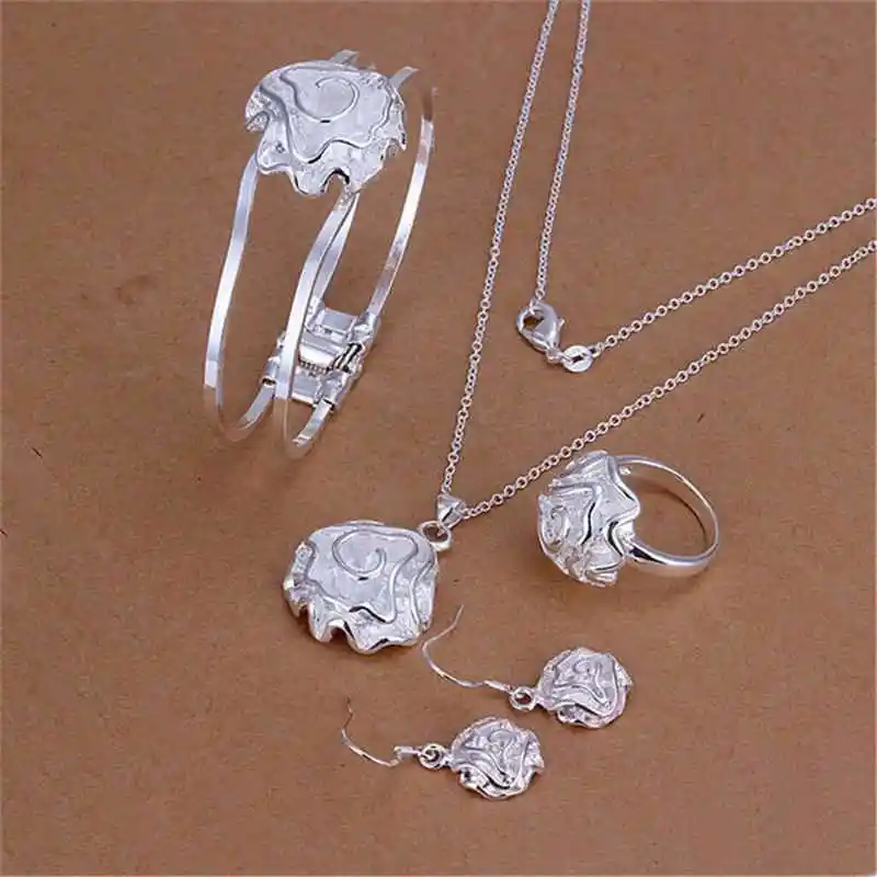 

925 Sterling silver fine rose flower pendant bangle Bracelet necklace rings earrings Jewelry set for women Fashion Party gifts