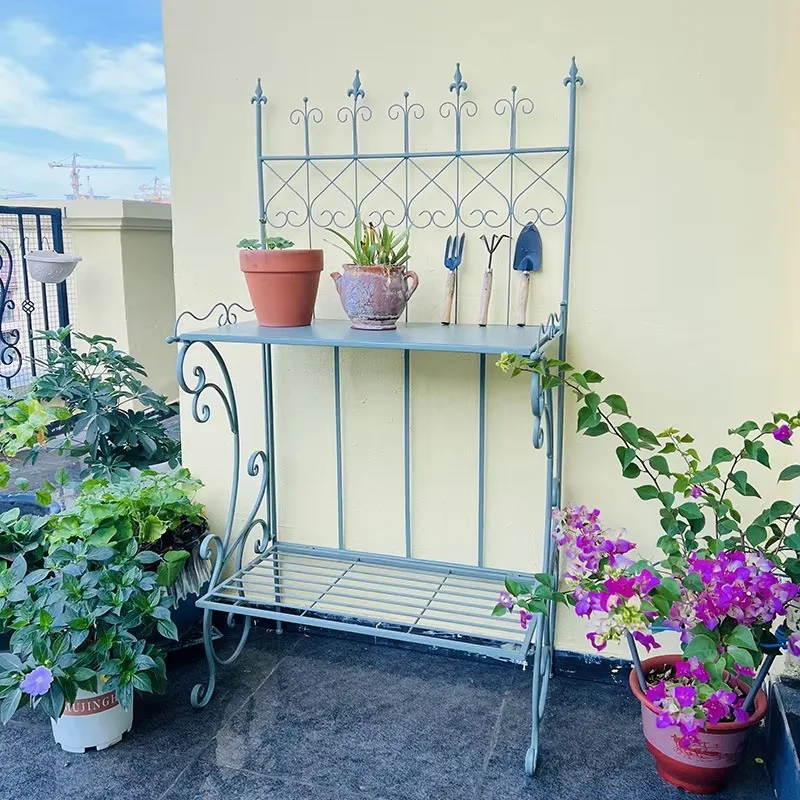 Vintage Metal Plant Stand with Trellis Back, 2-Tier Iron Garden Flower Shelf, Outdoor Balcony Patio Decorative Plant Rack