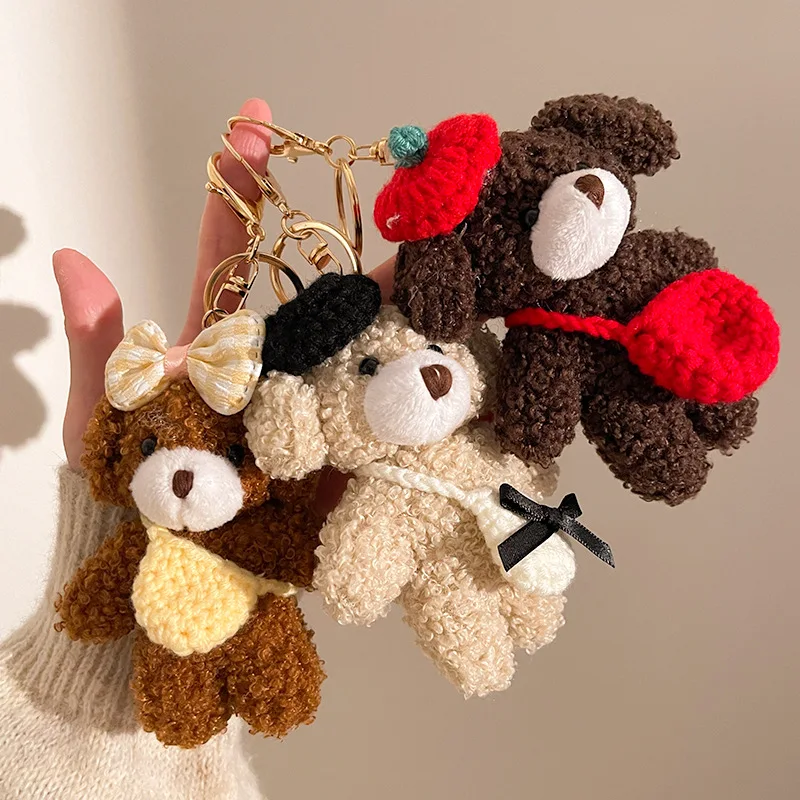 Porte-clés en peluche ours à nœud, poupée en peluche douce de dessin animé, pendentif de voiture, sac à dos, décor de sac, cadeau pour enfant