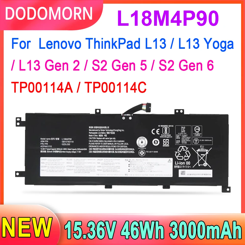 

Аккумулятор DODOMORN L18M4P90 для ноутбука Lenovo ThinkPad L13 Yoga (2019),ThinkPad L13 Yoga Gen 2 (2020),20R5,20R6,L18D4P90 L18C4P90