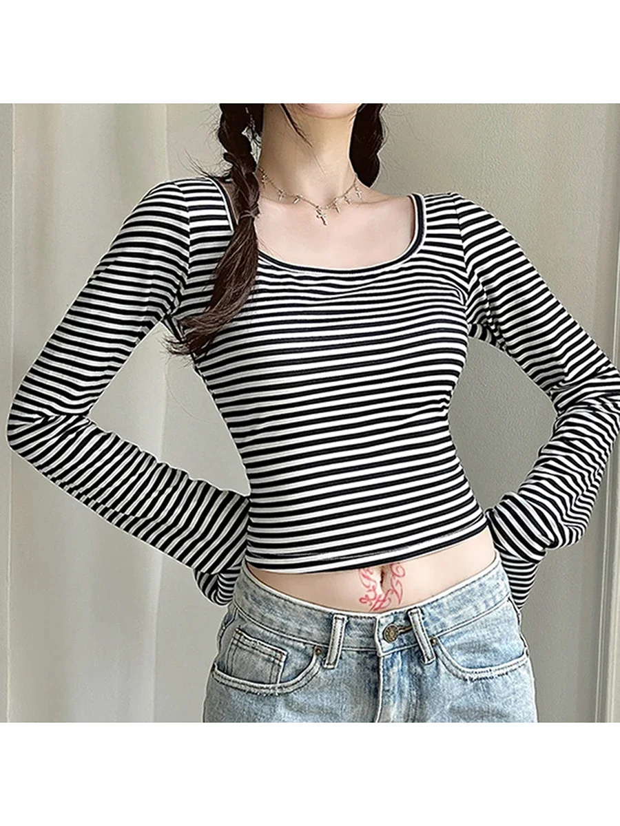 Women T-shirt Long Sleeve Scoop Neck Fall Striped Tops  Fit Ladies Streetwear