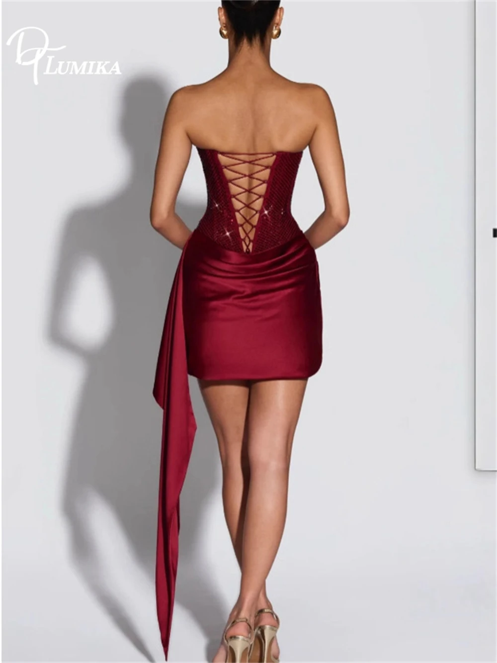 Vestido de Fiesta Brillante DTLumika para Mujer, Vestido Corto sin Tirantes con Falda de Satén, Vestido Sexy para Cóctel o Club Nocturno