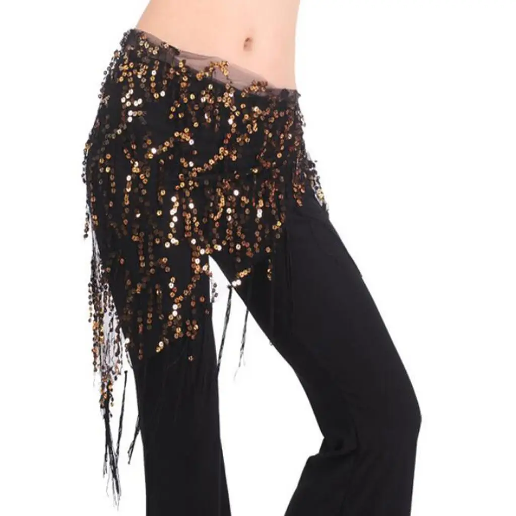 Belly Dance Practice Clothes Mesh Sequins Tassel Hip Scarf Skirt Wrap Belt Dress Accessory for Women’s Performance and Show