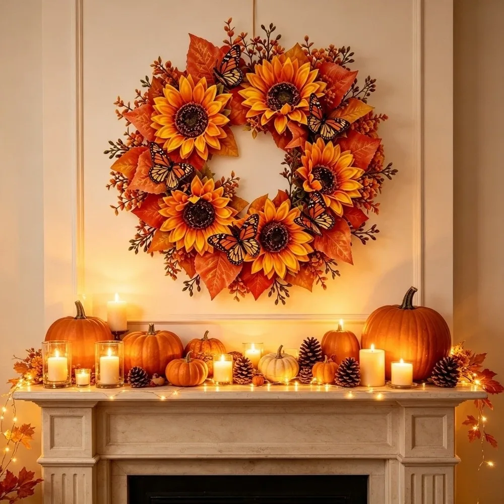 Simulated Floral Pumpkin Maple Leaf Wreath Thanksgiving Home Decor Halloween Christmas Door Wreath Rustic Style Wall Hanging