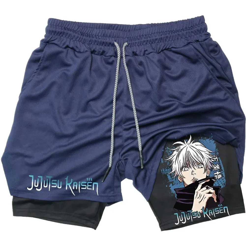 Jujutsu Kaisen pantalones cortos deportivos para hombre, ropa deportiva con estampado de Anime, Gojo Satoru, entrenamiento de gimnasio, 2 en 1