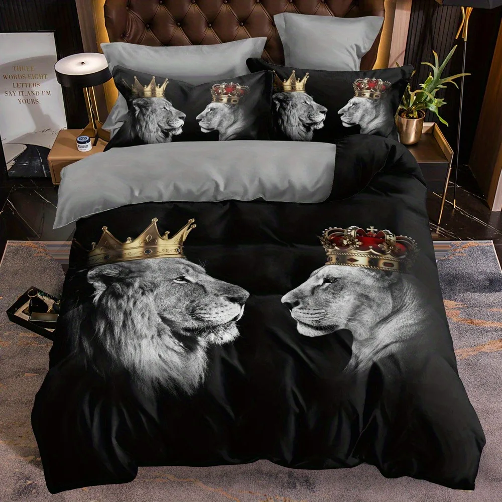 

Wild Lion Duvet Cover Set Queen Size Golden King Crown 3D Wildlife Bedding Set for Teens Adult Animal Print Comforter Cover