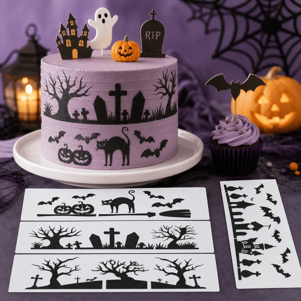 Halloween Spooky Element Cake Side Stencil, Food‑Grade PET Hollow‑Out Cake Baking Decor Template