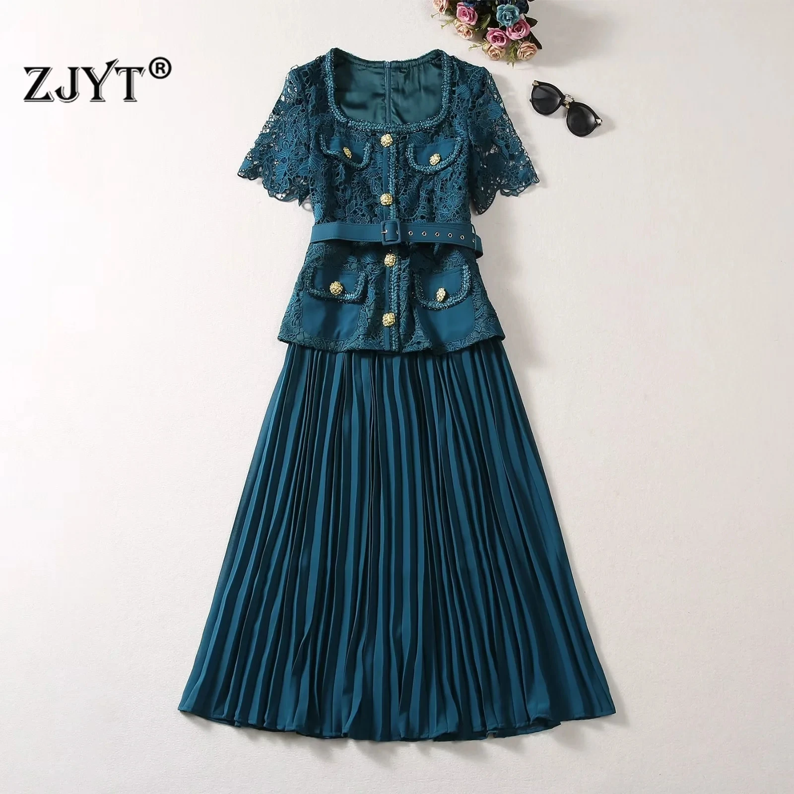 

ZJYT Runway Fashion Summer Crochet Lace Dresses for Women 2024 Designer Short Sleeve Midi Pleated Party Dress Elegant Holiday