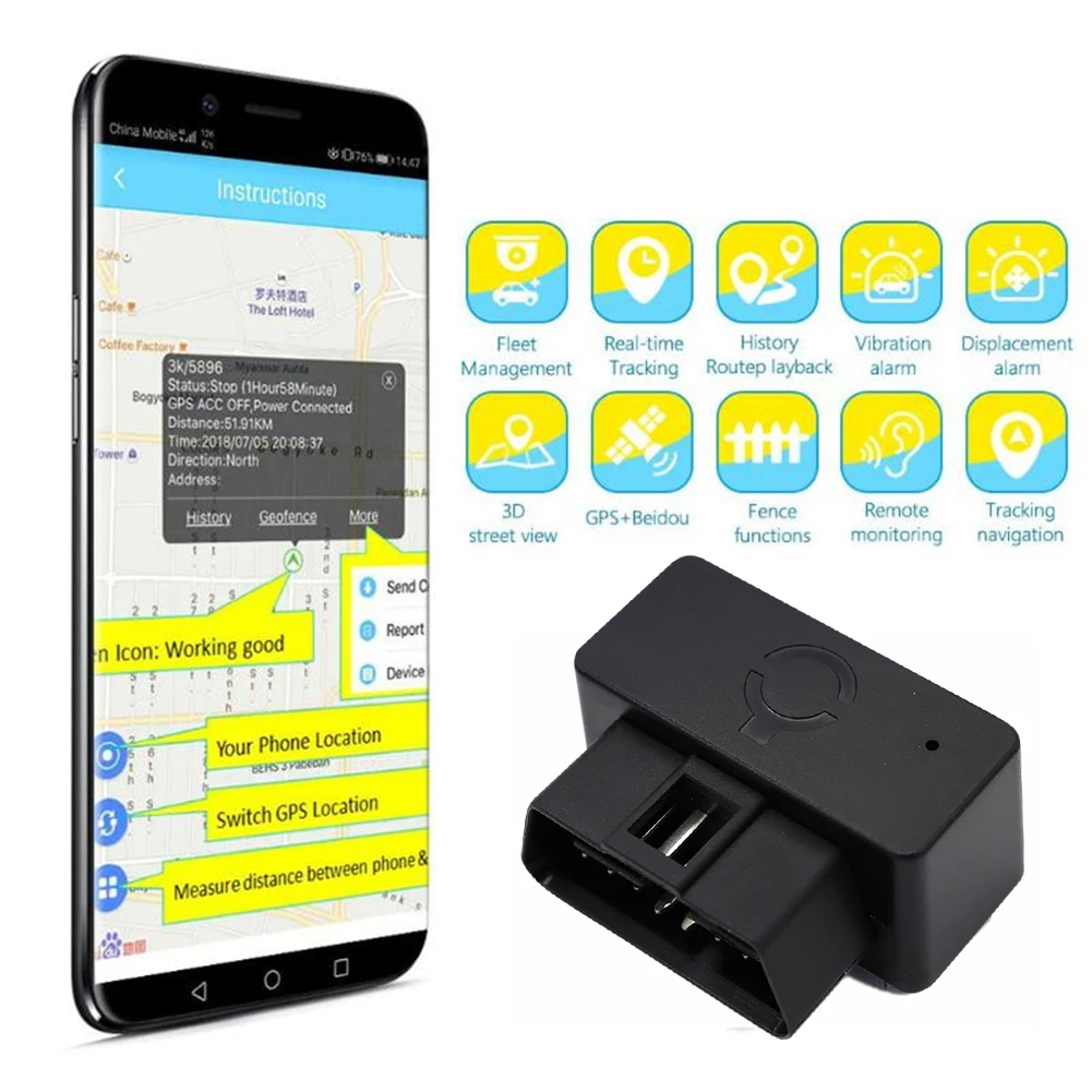 Car Vehicle OBD GPS Tracker 2G Location Geofence Route History Overspeed Alarm Anti-lost Car GPS Locator Free Web APP Device