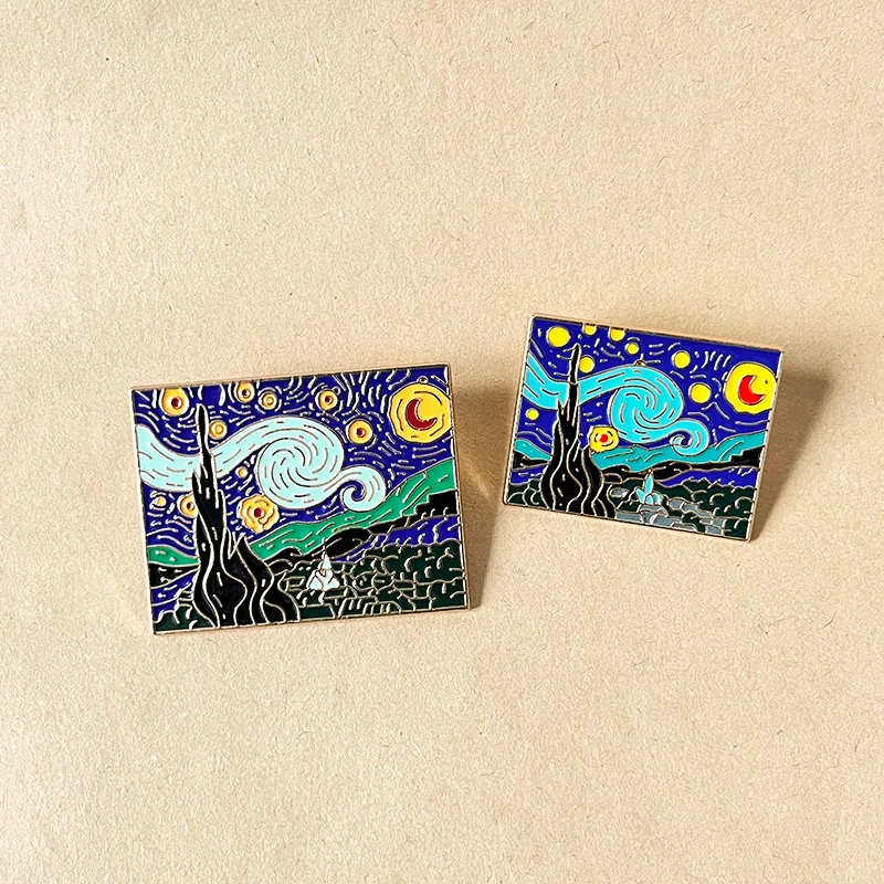 Van Gogh Oil Painting Brooch Personalized Sun Moon and Starry Sky Cartoon Creative Metal Badge Brooch Accessories