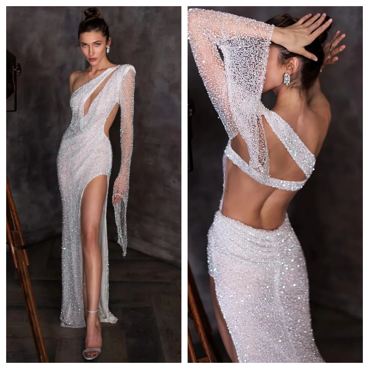 Brilliant Tailored Evening Dresses Sheath One Shoulder Backless Beading Sequins High Split Elegant Formal Prom Gowns Customized