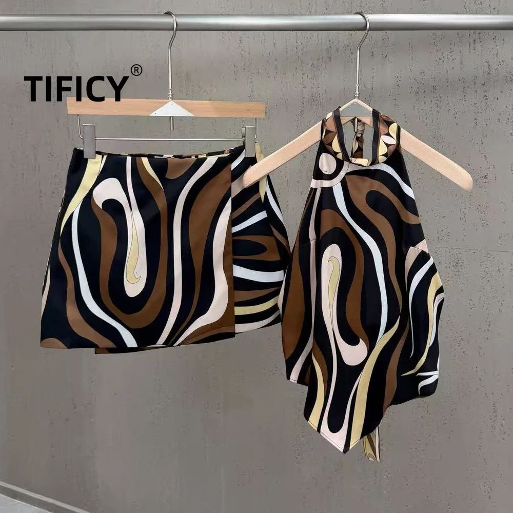 High Street 2pcs Set Summer Light Luxury Wave Pattern Hanging Neck Strap A-line Short Skirt Set Satin Commuter Two Piece Set