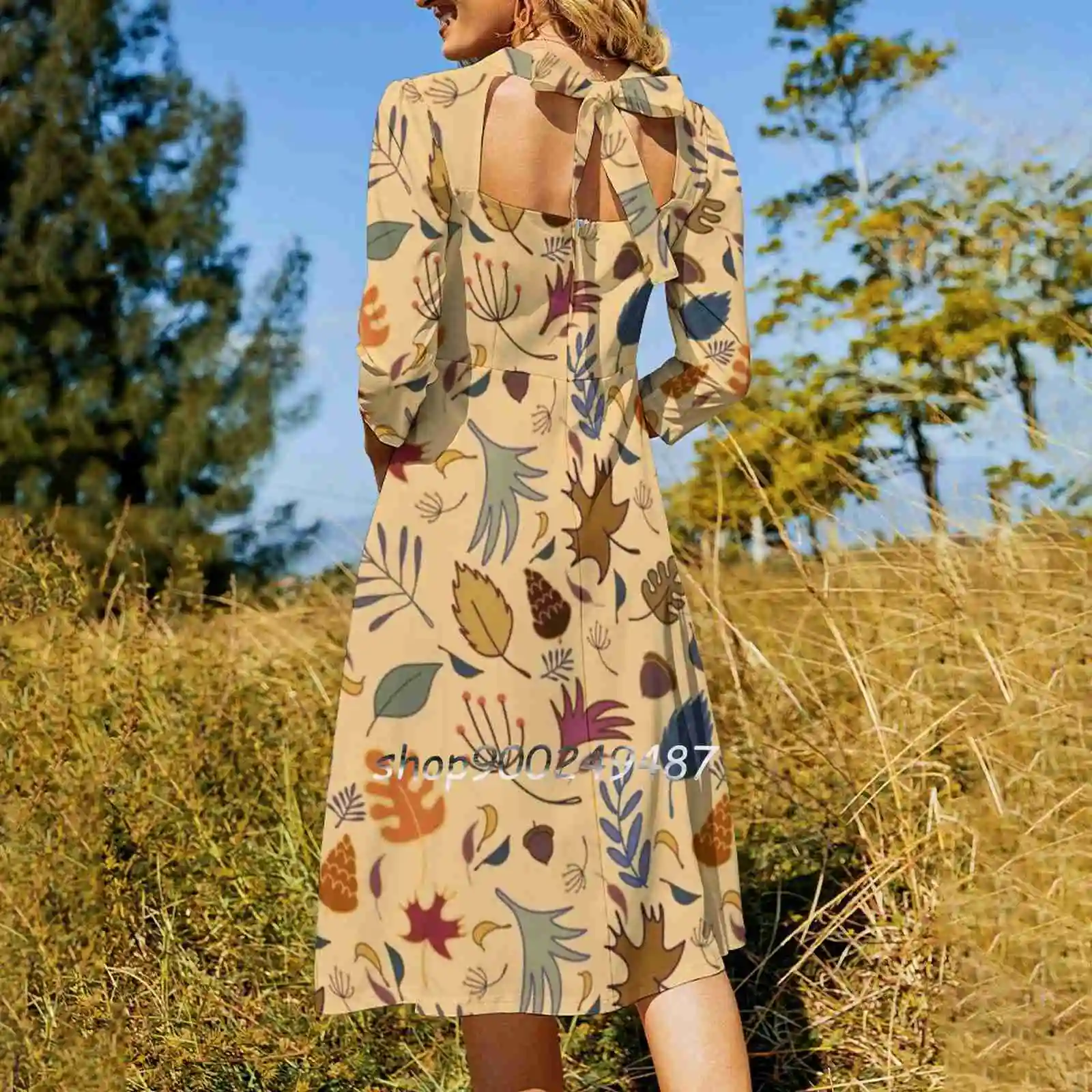 Leaves Dancing Flare Dress Square Neck Dress Elegant Female Fashion Printed Dress Leaves Fall Autumn Repeat Pattern