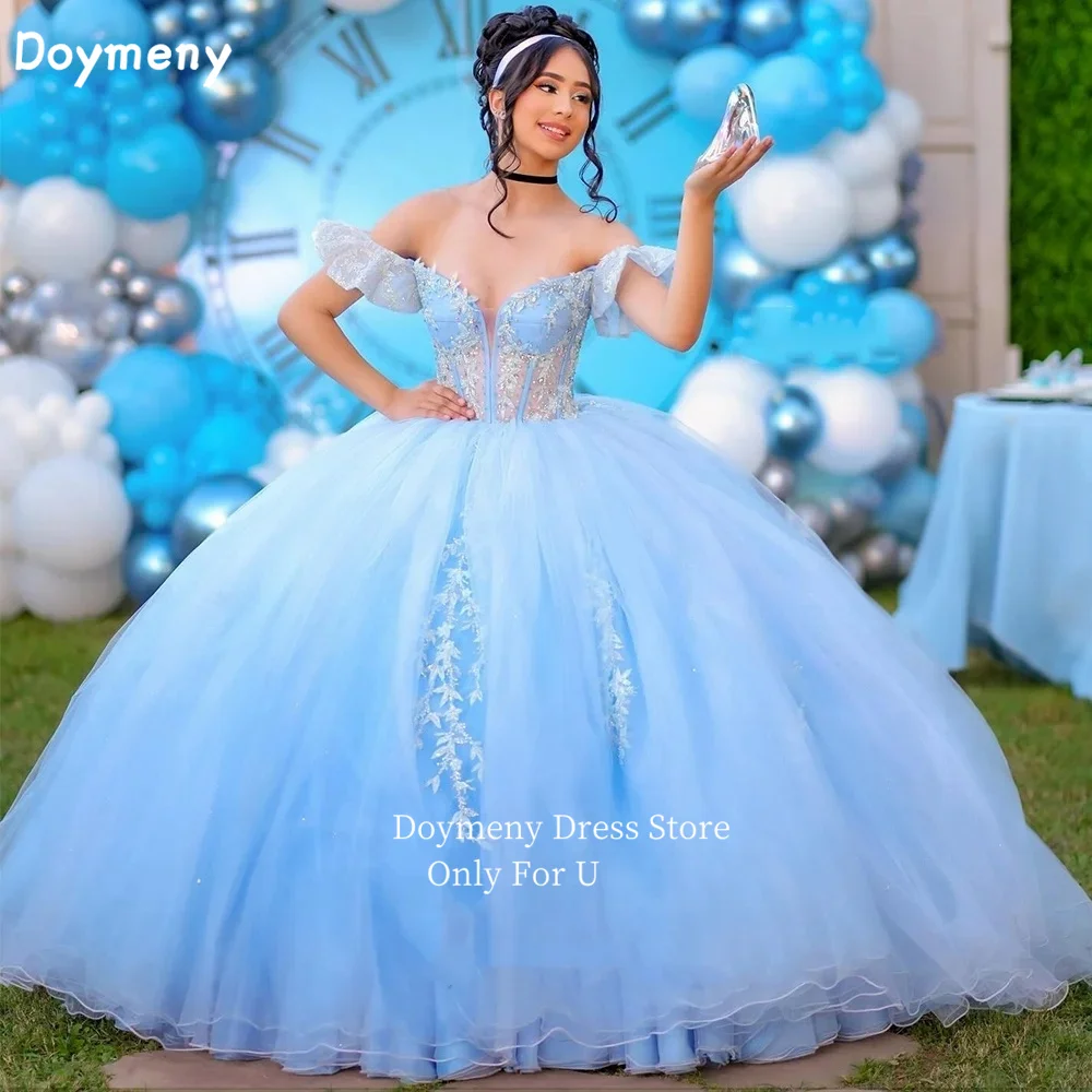 Doymeny Appliques Quinceanera Dresses Off Shoulder Sleeveless Sweet 16 Dresses Tulle Lace Up Pleat Vestidos Robes De Soirée