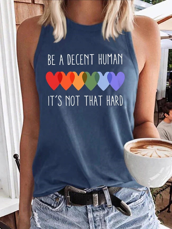 ilstile LGBTQ Pride Month Tank Top Women Be A Decent Human Rainbow Heart Print Casual Sleeveless Summer Loose Crew Neck Shirts
