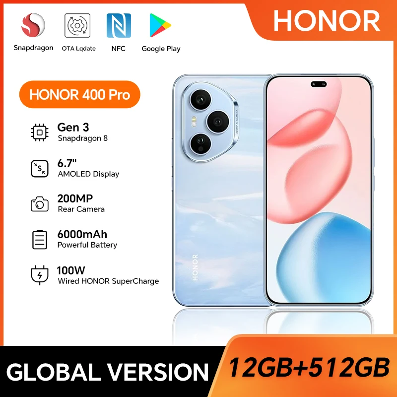 HONOR 400 Pro 5G Global Version 12GB+512GB Smartphone 200MP AI Main Camera 6.7'' AMOLED Screen 6000 mAh 100W Wired 50W Wireless