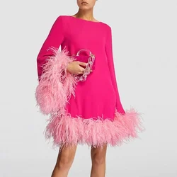 Customized Jersey Long Sleeve Short Cocktail Party Dress Draped with Feather Scoop Neck Contrast Color Women’s Mini Loose Gowns