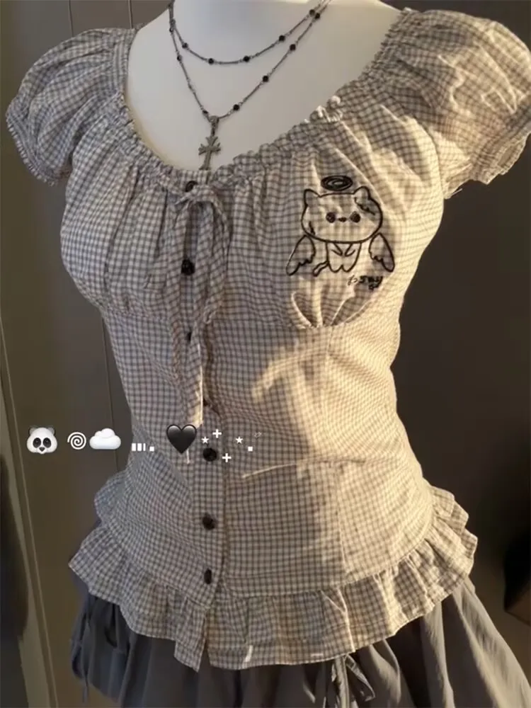 خمر لوليتا 2 قطعة مجموعة المرأة الصيف تصميم Kawaii سليم منقوشة قصيرة الأكمام Y2k القمم الرجعية عالية الخصر التجاعيد البتلة تنورة صغيرة