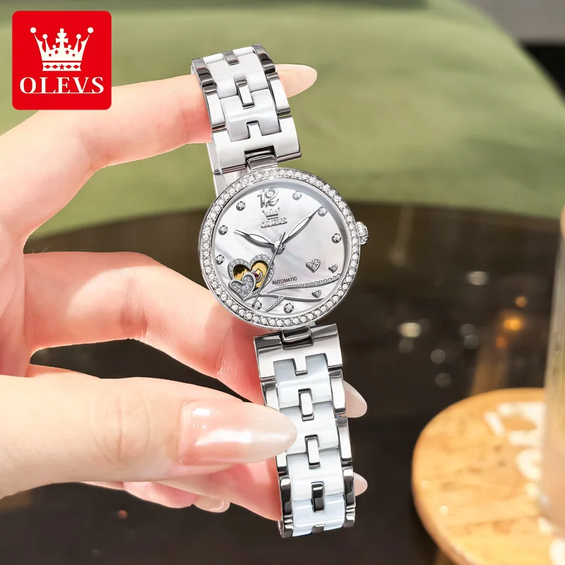 OLEVS 7086 Women Watch Luxury Elegant All Automatic Mechanical Watch Love Dial Diamond bezel Waterproof Women Watch Reloj Mujer