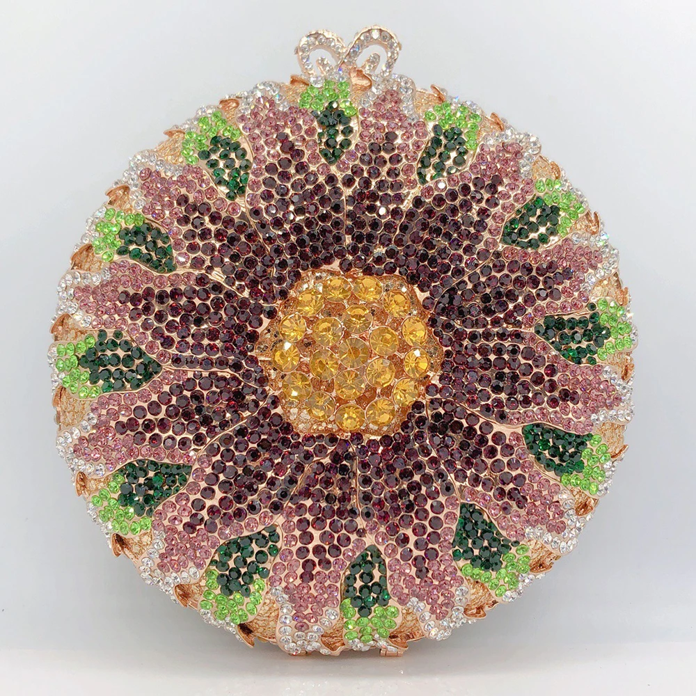 WHTUOHENG Sunflower Evening Rhinestone Women Clutch Bags Multicolored Round Crystal Bag Luxury Diamond Party Purses Minaudere