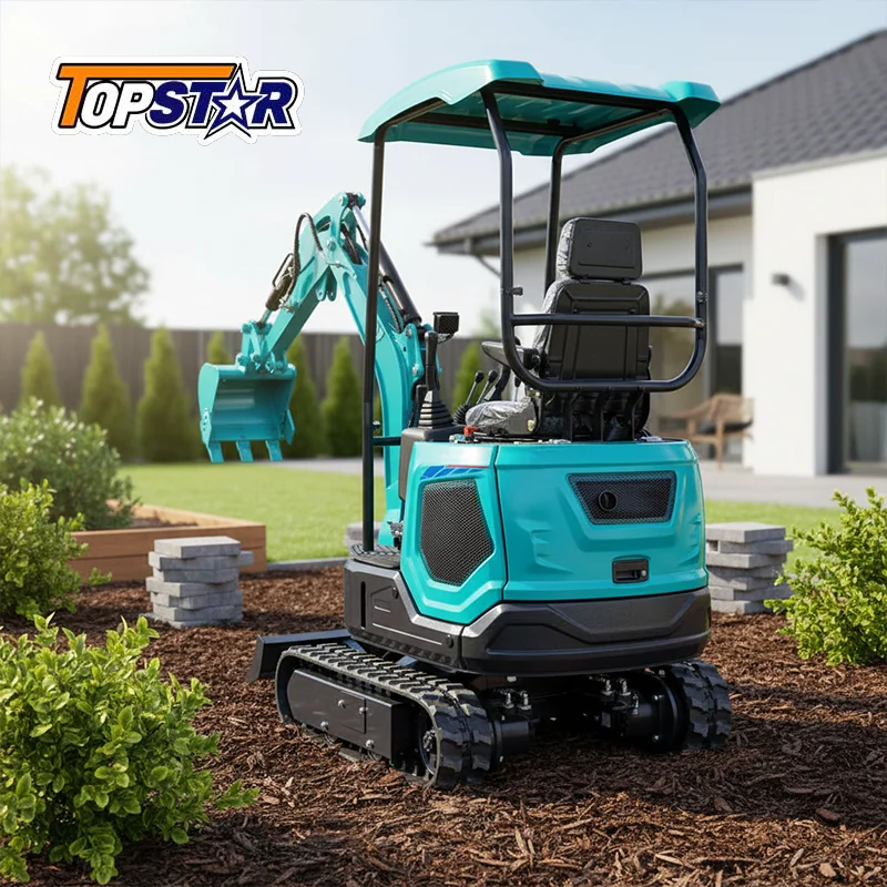 Multifunctional Mini Excavator 1.3 Ton Diesel-Powered Small Digger with Rake Attachment for Garden Leveling