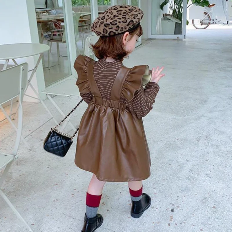 

Girls Leather Skirt Suit2024Fashionable Children's Fashionable Skirt Spring and Autumn Flying Sleeve Girl Internet Hot Two-Piece