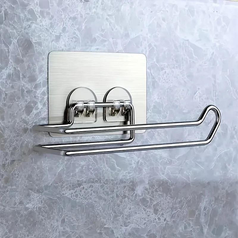 1pc Tissue Dispenser Multifunction Toilet Kitchen Roll Paper Holder,Stainless Steel Repeatedly Washable Stick Hooks Rack