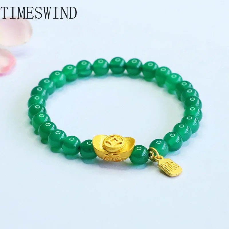 

TIMESWIND Authentic Green Chalcedony Beaded Alloy Ingot Coin Fu Women Bracelet with Certificate