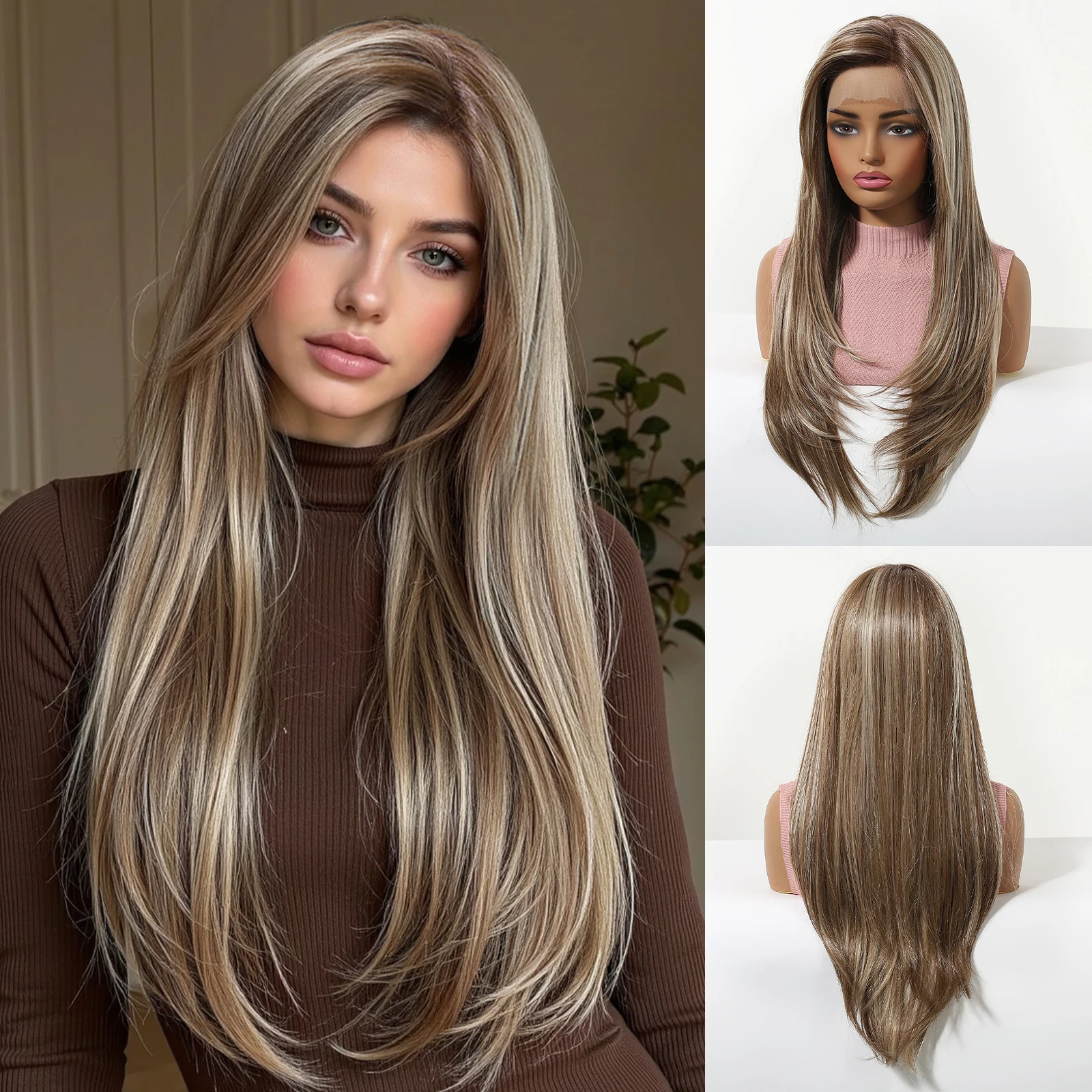 Light Brown Blonde Highlight Long Straight Wig Silky Smooth Natural Layered Heat Resistant Synthetic Hair for Women Daily Party