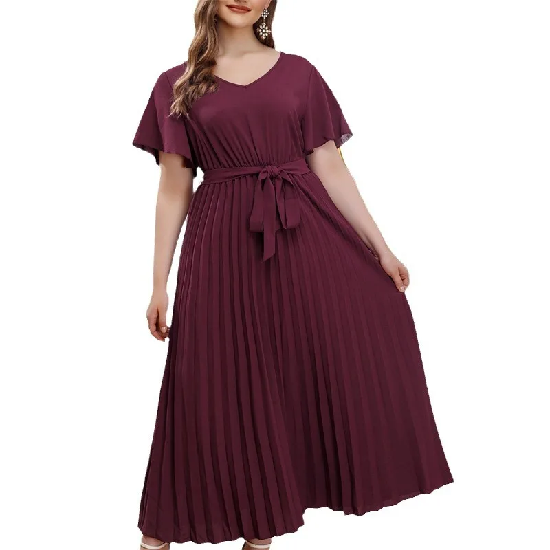 

Elegant V-neck Short Sleeves Pleated Chiffon Long Dress with Belt