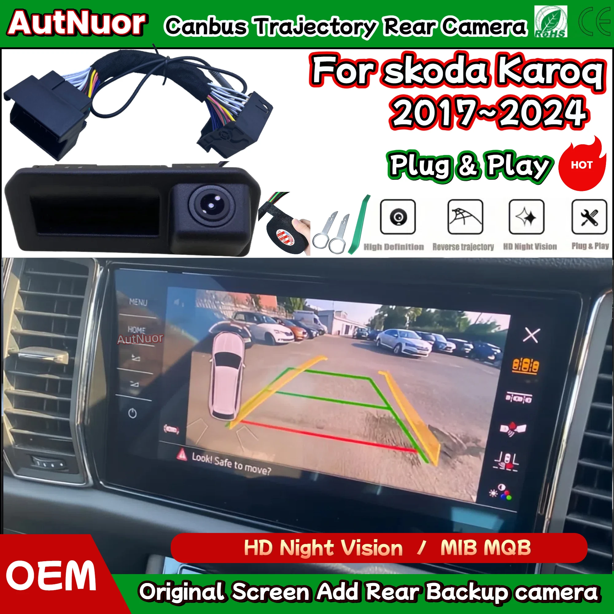 

Камера заднего вида с динамической траекторией Plug & Play для skoda Karoq 2017 ~ 2024 HD, ручка багажника, парковочная задняя резервная камера MIB2