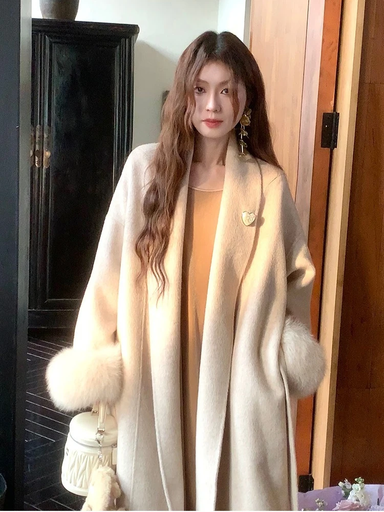 2025 neue Herbst Winter Kleidung Frauen Lange Gürtel Revers Echt Fox Pelz Wolle Jacke Weibliche Mode Warme Pelz Manschette Kaschmir Wolle mantel