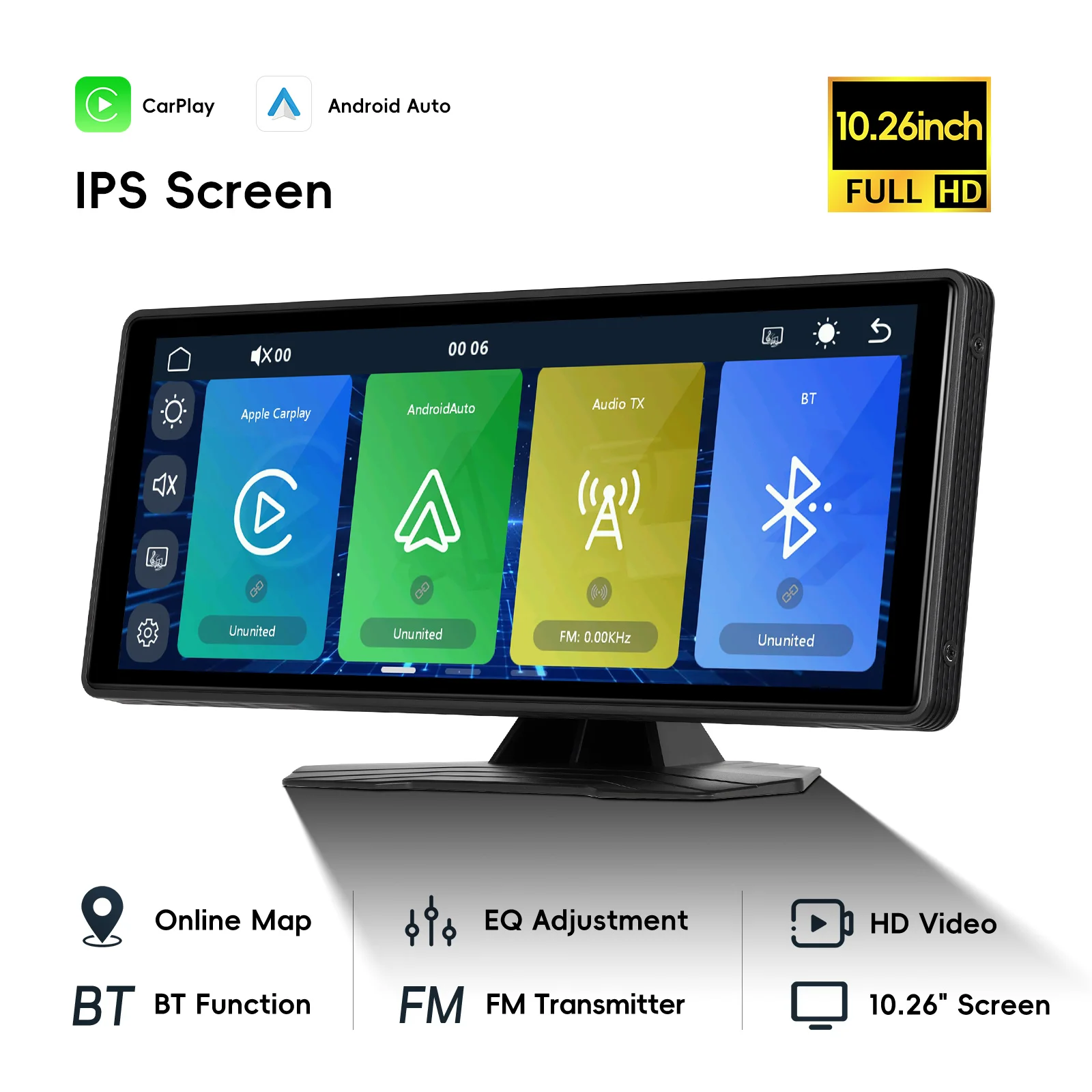Podofo – przenośne radio samochodowe z ekranem 10,26 cala, obsługujące bezprzewodowe CarPlay, Android Auto, AirPlay, funkcję automatycznego podłączania, Bluetooth, nadajnik FM, wejście AUX i slot na