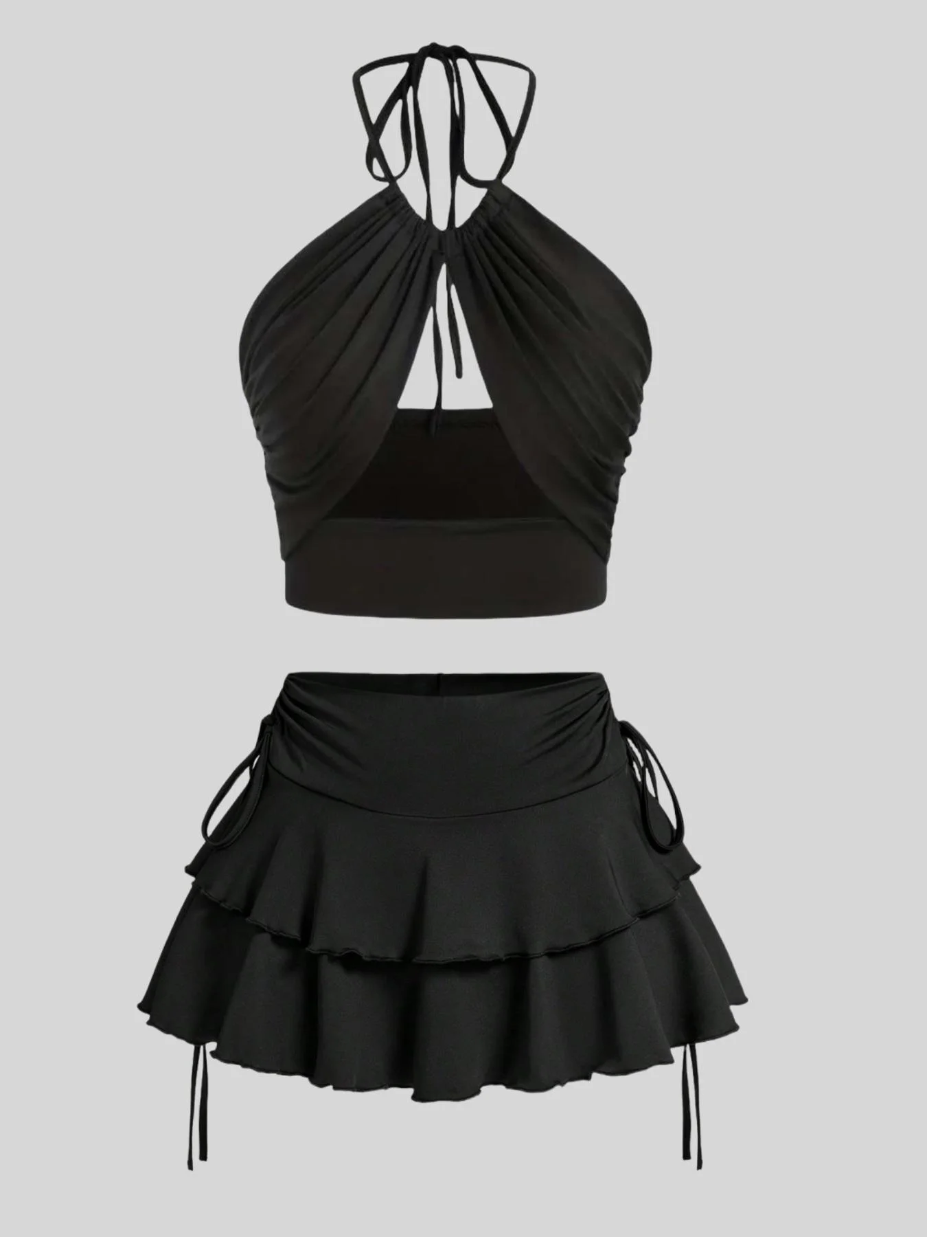 

Женский однотонный сексуальный топ с подвесным воротником + юбка с рюшами